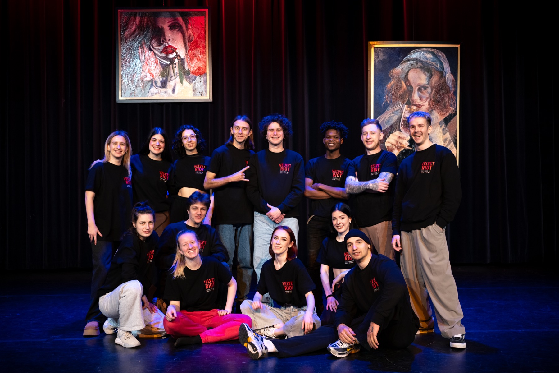 Velvet Riot team in rehearsal merch on stage